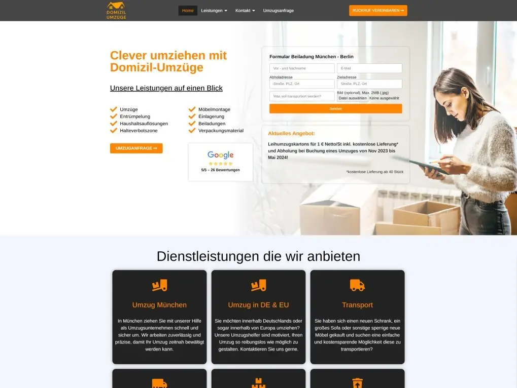 Startseite des Umzugsunternehmens Domizil Umzüge GmbH aus München