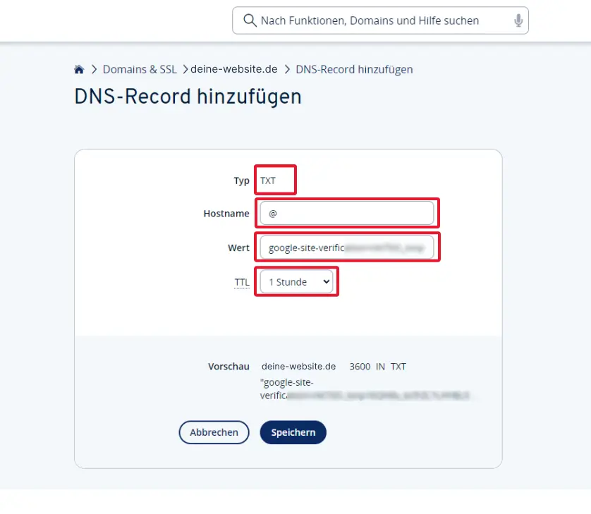 Google Search Console einrichten - DNS record hinzufügen (IONOS)